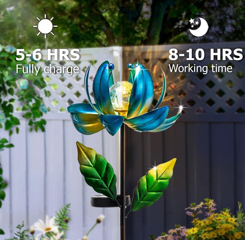 SUCUY Solar Yard Lights Wind Spinners- Metal Lotus Flower Garden Decor LED Crackle Glass Globe Yard Art Sculpture Solar Stake Lights for Patio Pathway Lawn Walkway - Image 4